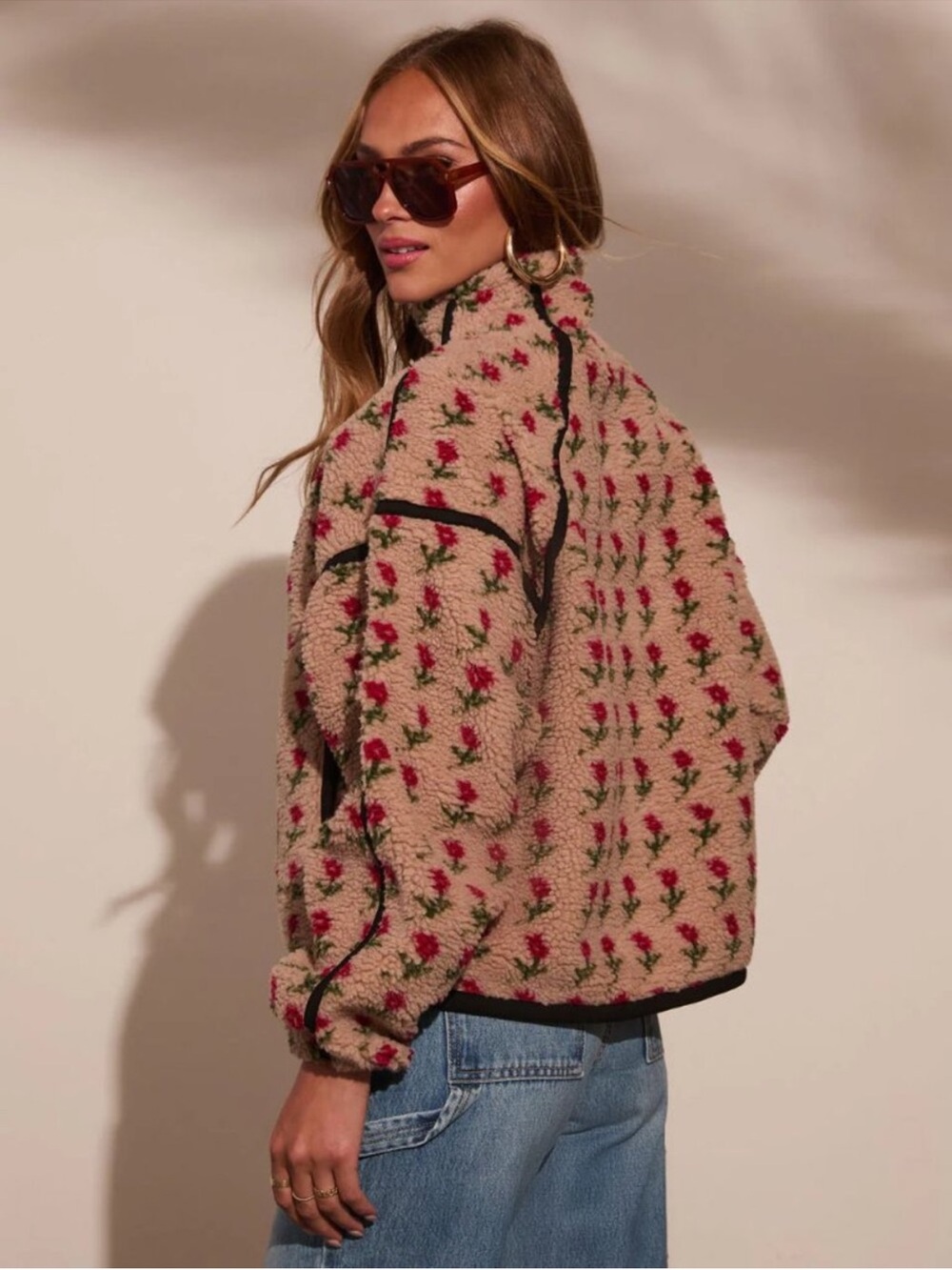 Beige Floral Sherpa Jacket - Women's Cozy Coat